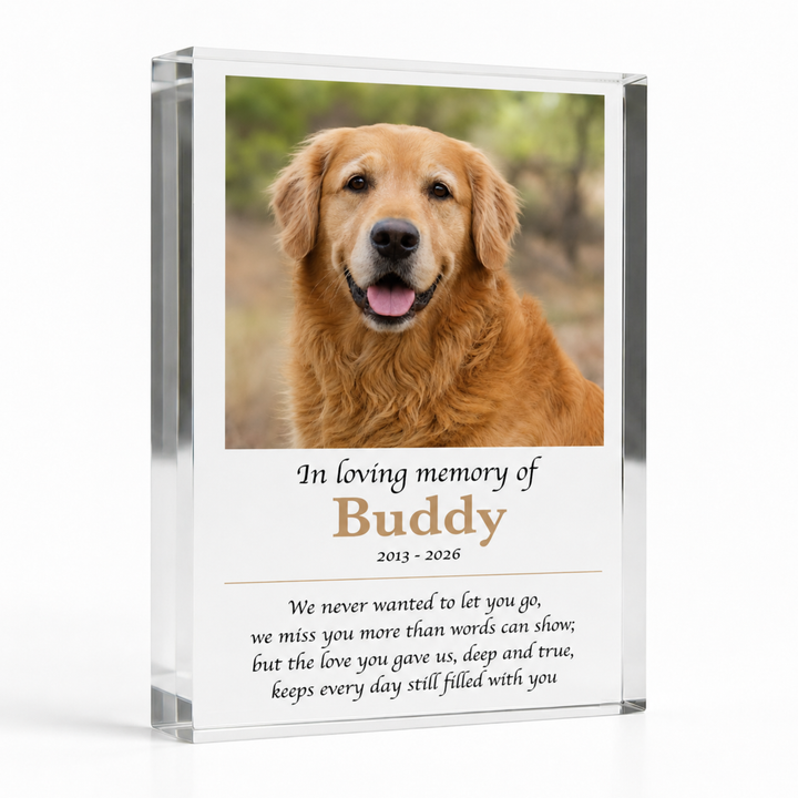 A5 in loving memory pet memorial photo block with a golden retriever photo, name Buddy and a verse