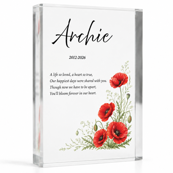 A4 poppy memorial keepsake with red watercolour poppies, name Archie and a verse