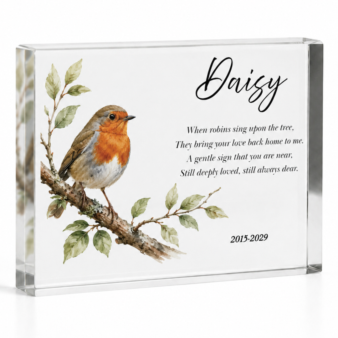 A4 robin memorial gift block with a robin on a leafy branch, name Daisy and a verse