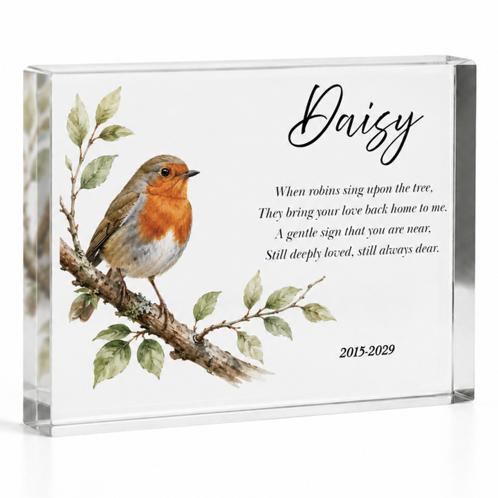 A4 robin memorial gift block with a robin on a leafy branch, name Daisy and a verse