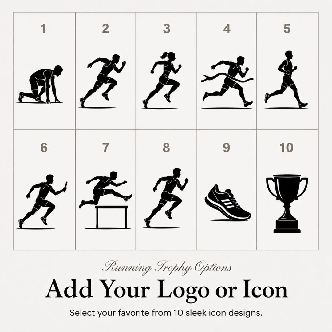 Ten running icon designs for a personalised running trophy, or upload your own club logo