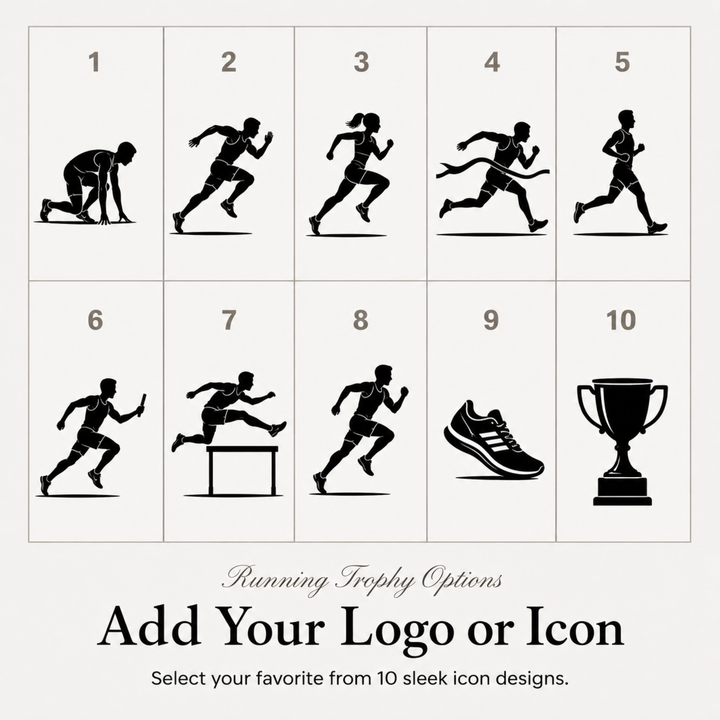 Ten running icon designs for a personalised running trophy, or upload your own club logo