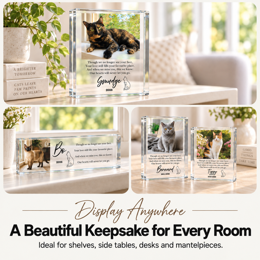 Cat memorial photo blocks with a tortoiseshell cat named Smudge and others displayed around the home