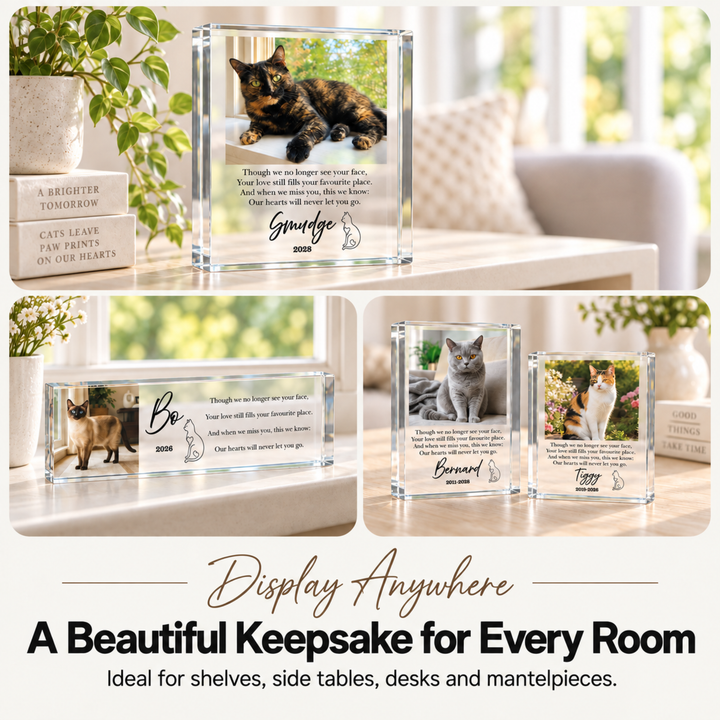 Cat memorial photo blocks with a tortoiseshell cat named Smudge and others displayed around the home