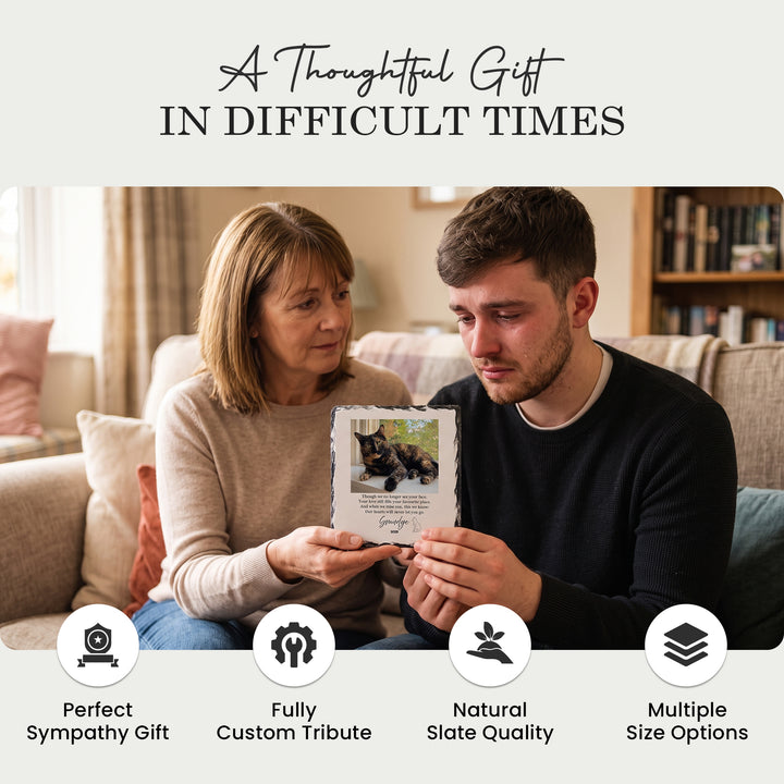 Two people at home holding the cat memorial stone, a thoughtful sympathy gift