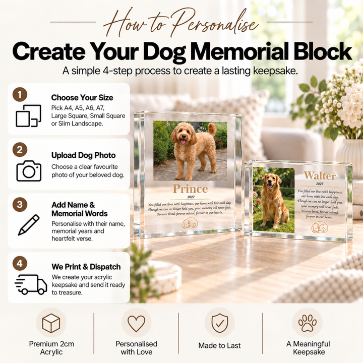 How to personalise a dog memorial block: choose size, upload your dog's photo, add name and memorial words