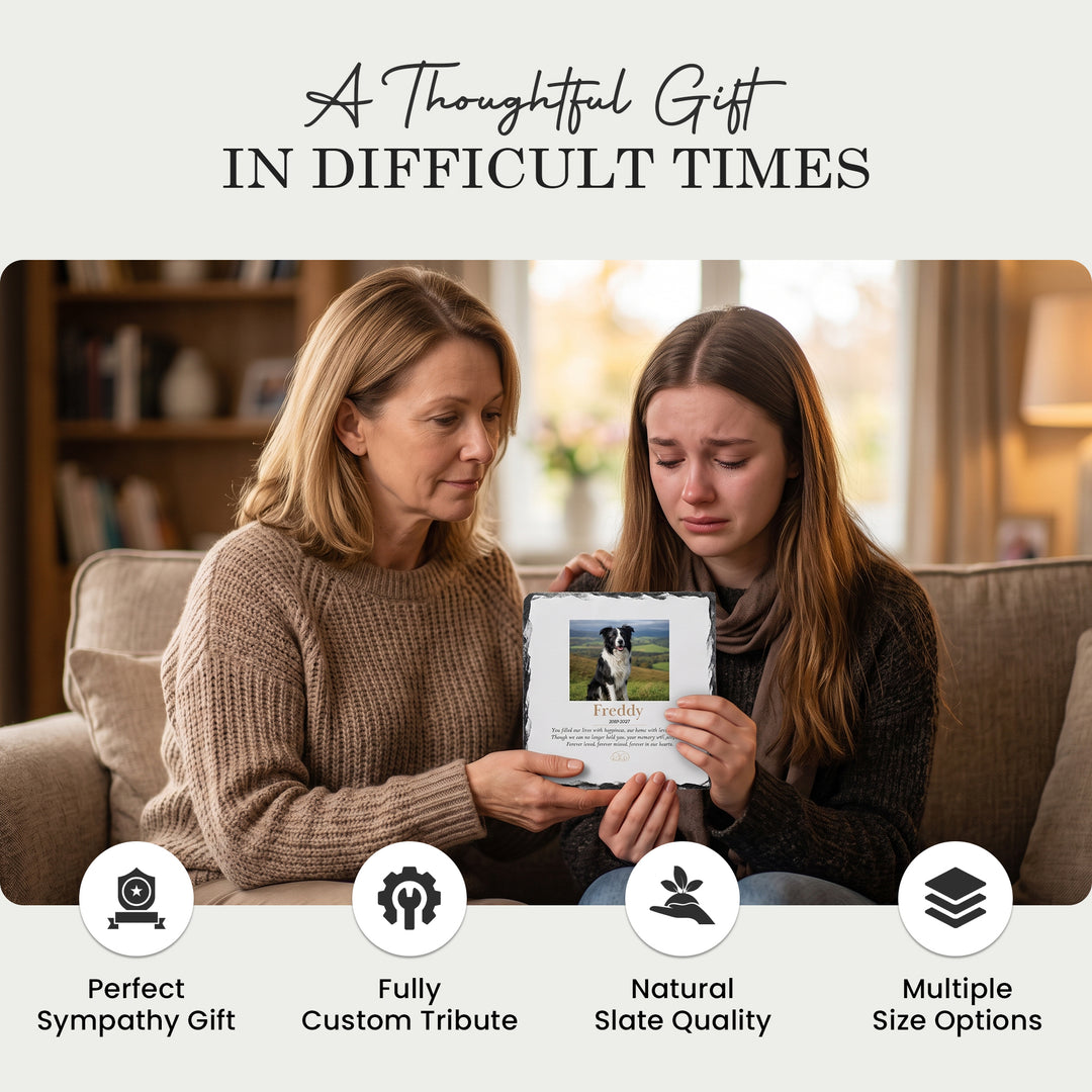 Two people at home holding the dog memorial stone, a thoughtful sympathy gift