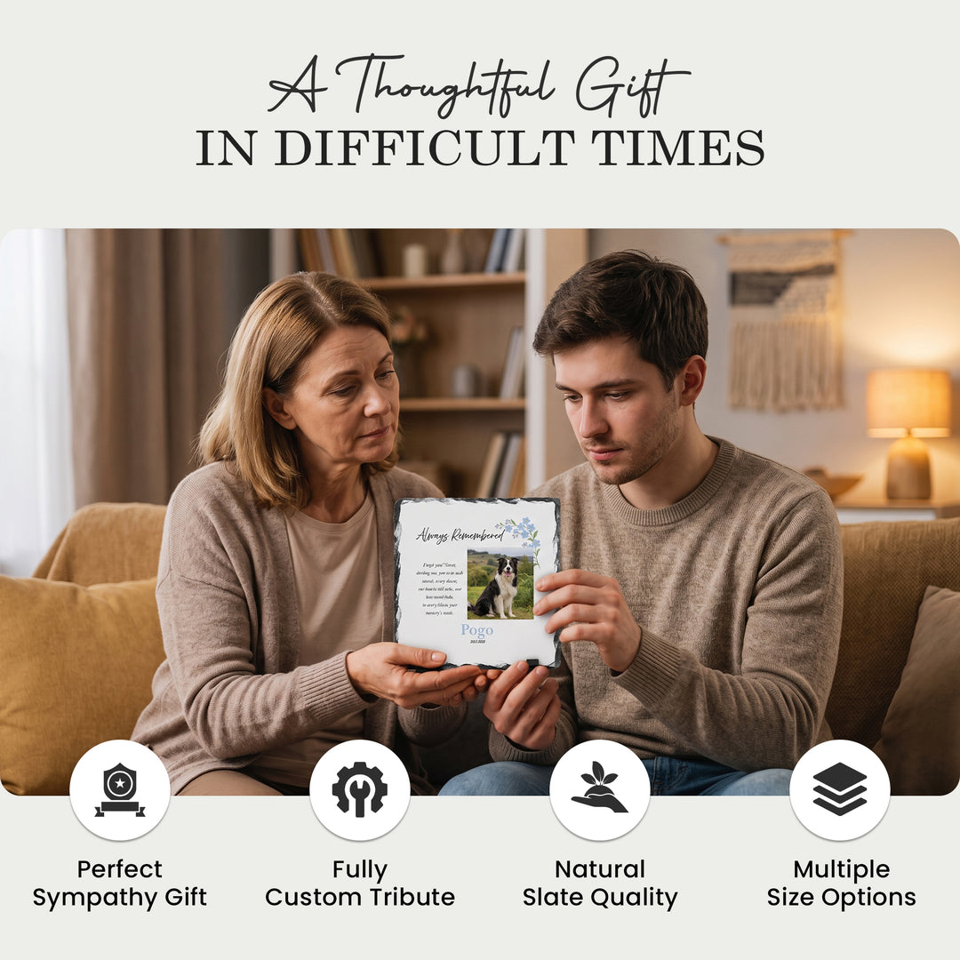 Two people at home holding the forget me not memorial plaque, a thoughtful sympathy gift