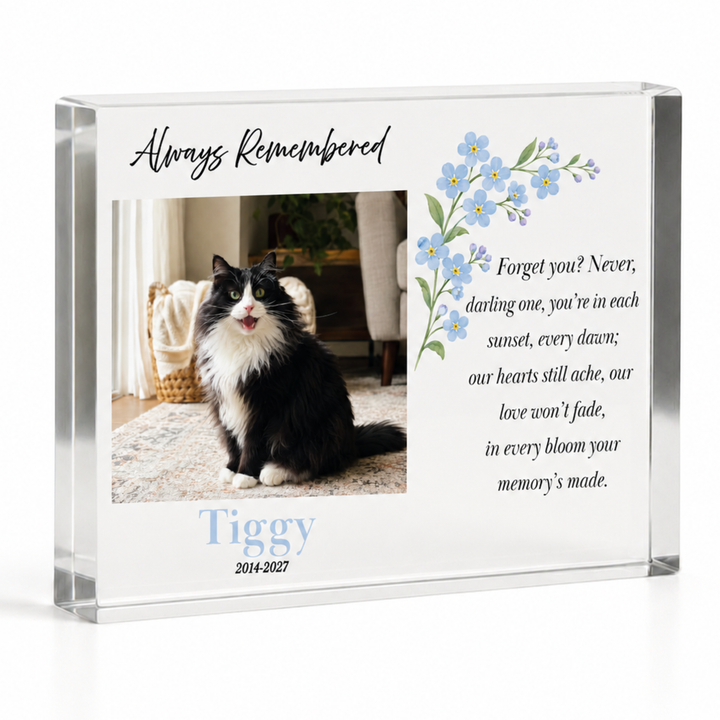 A4 Always Remembered forget me not block with a black and white cat photo and name Tiggy
