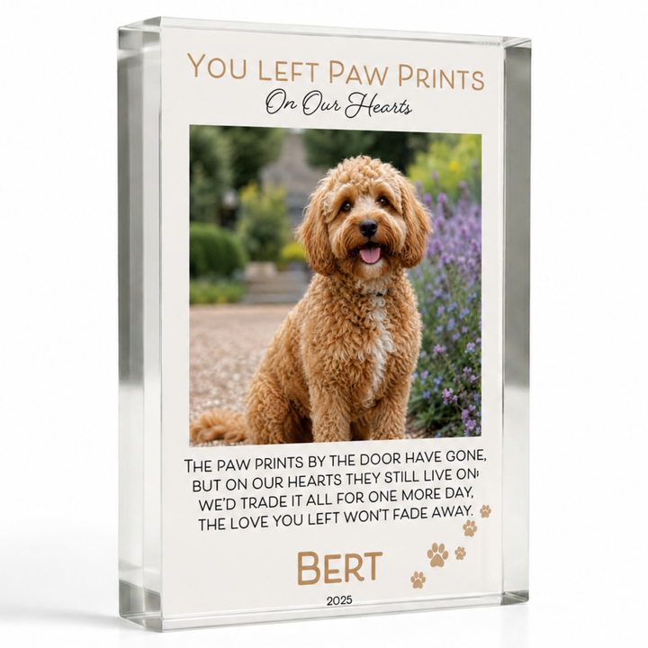 A4 paw prints pet memorial block with a cockapoo photo, verse and name Bert