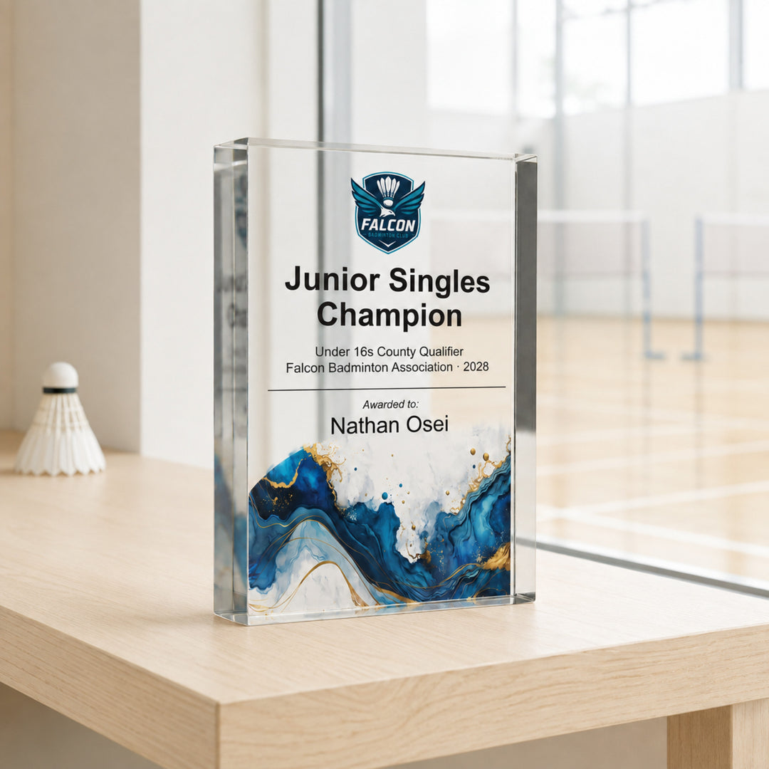 Slim upright personalised badminton trophy printed Junior Singles Champion with a club crest