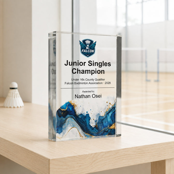 Slim upright personalised badminton trophy printed Junior Singles Champion with a club crest