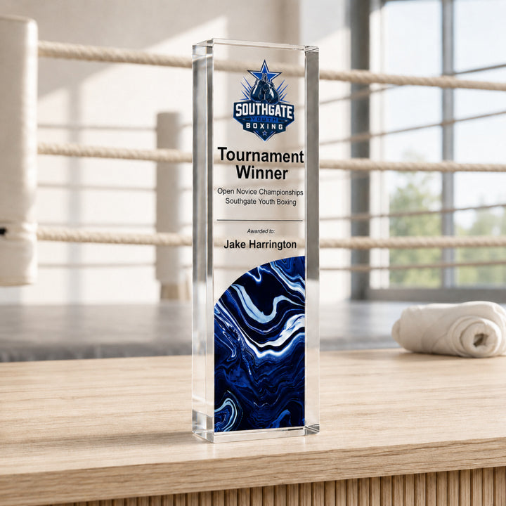Slim upright personalised boxing trophy printed Tournament Winner with a boxing club crest