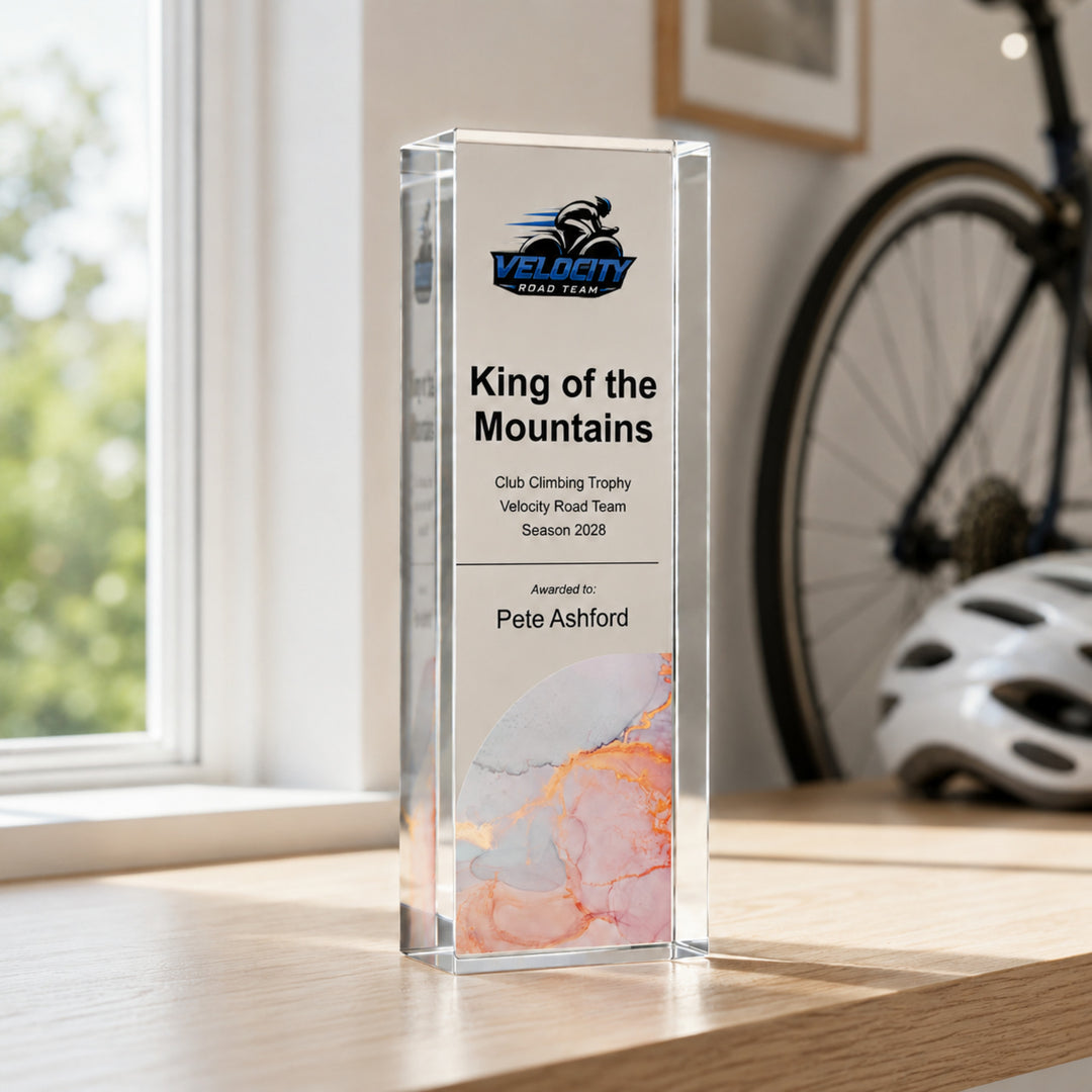 Slim upright personalised cycling trophy printed King of the Mountains with a club crest