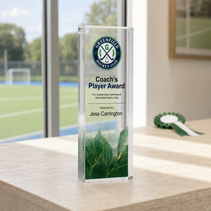 Slim upright personalised hockey trophy printed Coach's Player Award with a school crest