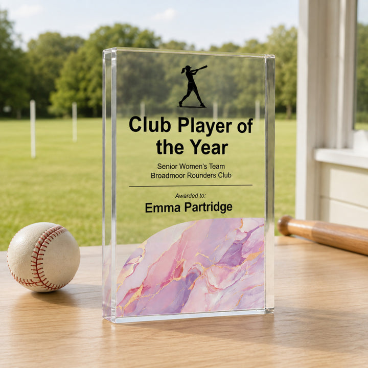 Personalised rounders trophy printed Club Player of the Year with a batter icon and pink base