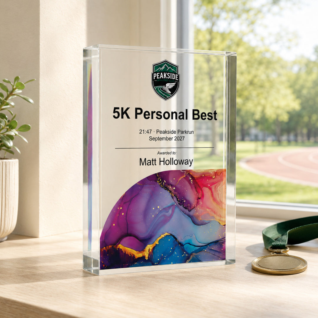 Personalised running trophy printed with a club crest and 5K Personal Best in full colour