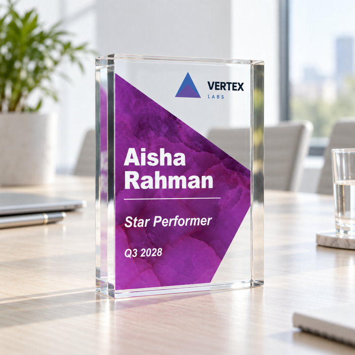 Purple Star Performer trophy personalised with name and company logo, an acrylic employee recognition award
