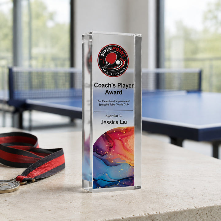 Slim upright personalised table tennis trophy printed Coach's Player Award with an academy crest