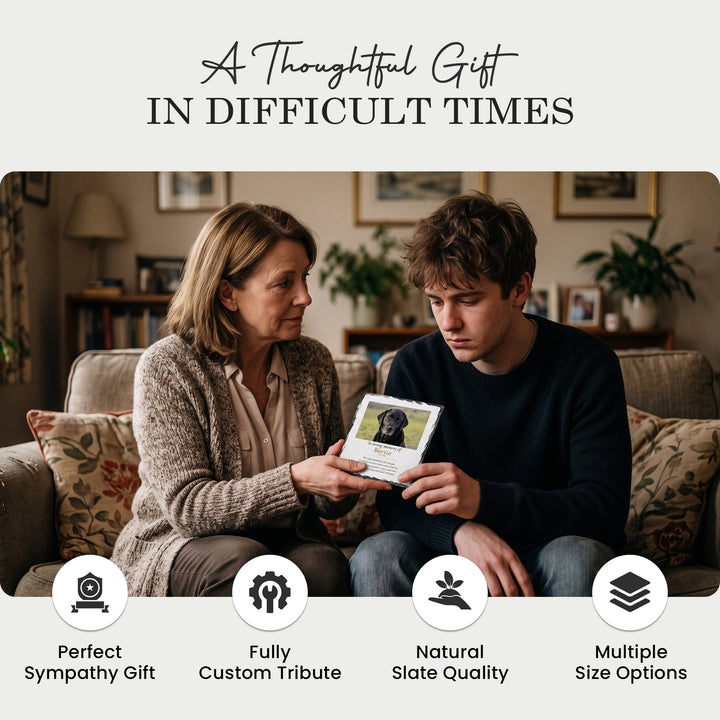 Two people at home holding the In Loving Memory pet memorial stone, a thoughtful sympathy gift