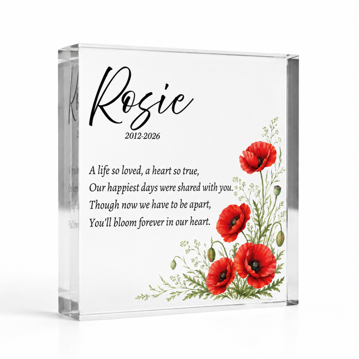 10x10cm square poppy memorial block with red poppies, name Rosie and a verse