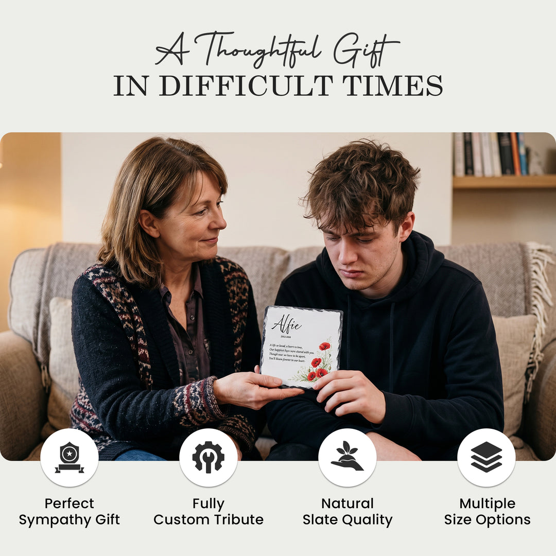 Two people at home holding the poppy remembrance plaque, a thoughtful sympathy gift