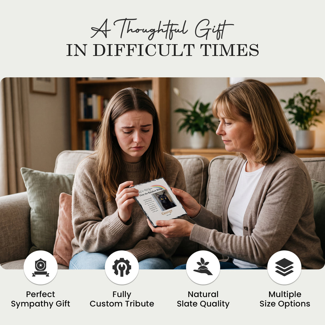 Two people at home holding the Rainbow Bridge plaque, a thoughtful sympathy gift