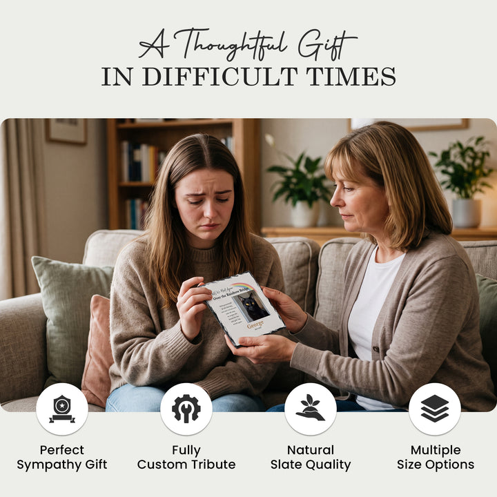 Two people at home holding the Rainbow Bridge plaque, a thoughtful sympathy gift
