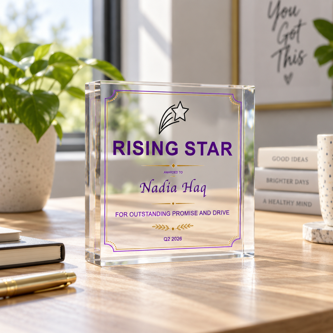 Rising Star award plaque with purple and gold certificate border and star icon, personalised acrylic certificate