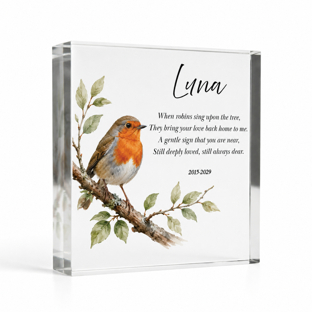 10x10cm square robin memorial block with a watercolour robin, name Luna and a verse