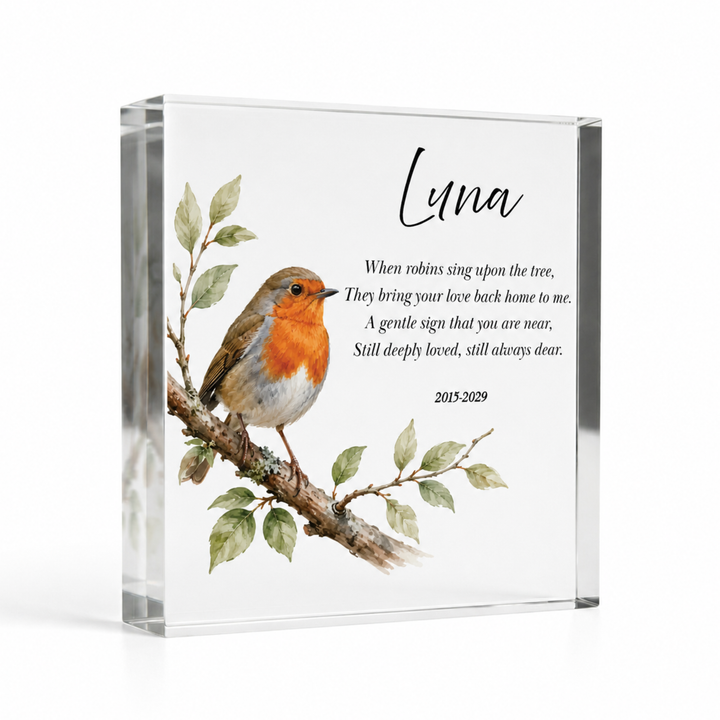 10x10cm square robin memorial block with a watercolour robin, name Luna and a verse