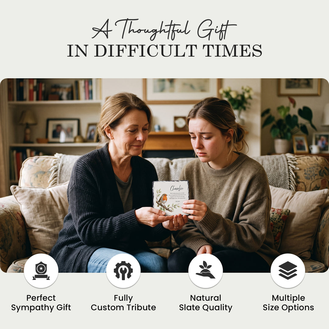 Two people at home holding the robin memorial plaque, a thoughtful sympathy gift