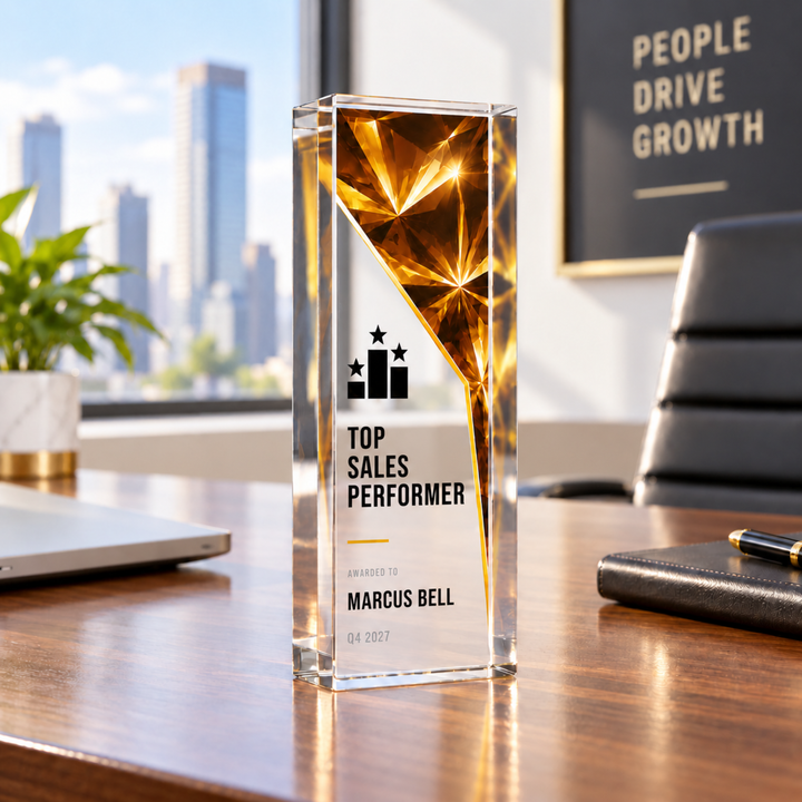 Slim Top Sales Performer award in gold prism design, a personalised glass-effect acrylic trophy