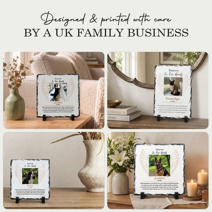 Four angel wings memorial plaque slates in different home settings, designed and printed by a UK family business