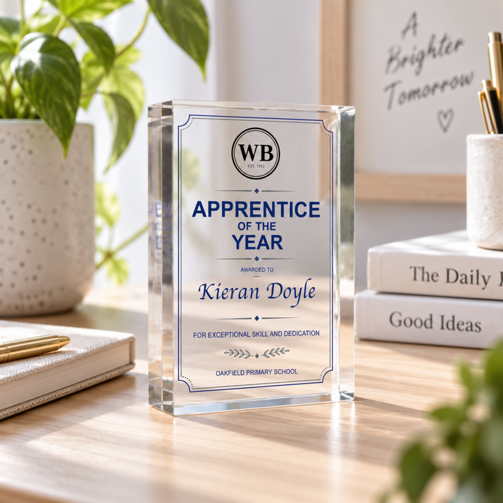 Apprentice of the Year award plaque with school crest in navy and gold, personalised clear acrylic certificate