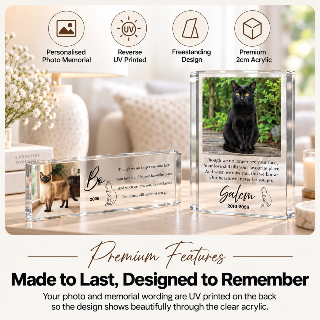 Cat remembrance blocks with black cat Salem and Siamese Bo, UV printed on the back and freestanding