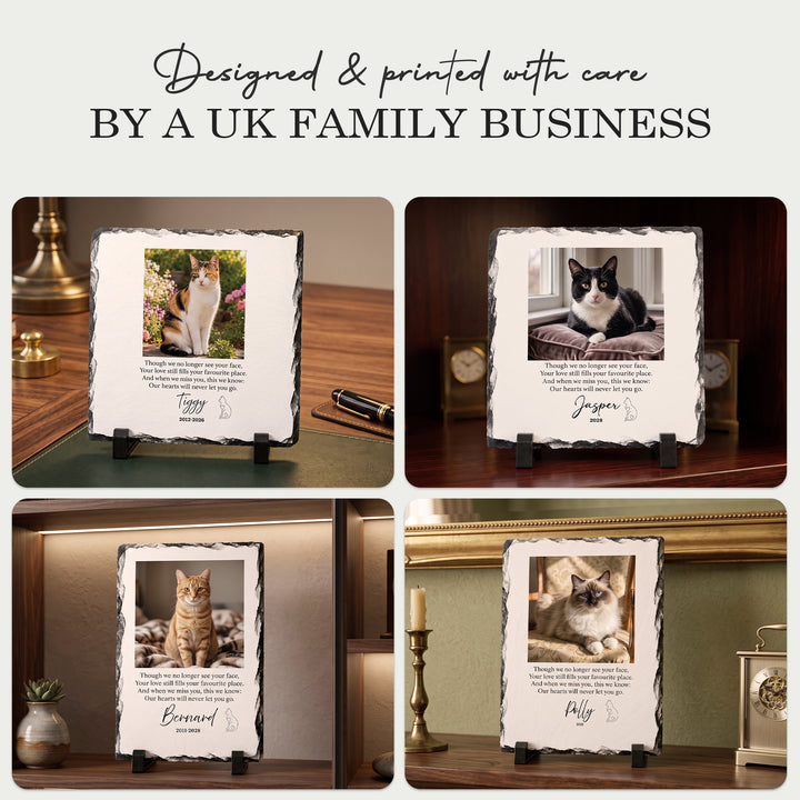 Four cat memorial stone slates in different home settings, designed and printed by a UK family business
