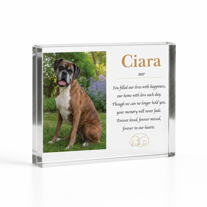 A7 dog memorial photo block with a boxer photo, name Ciara, the year and a verse