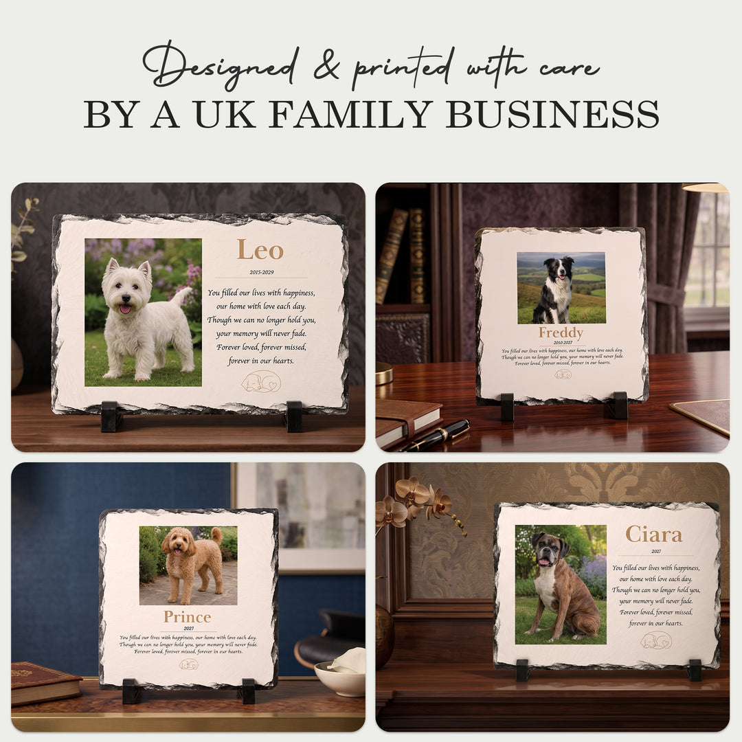 Four dog memorial stone slates in different home settings, designed and printed by a UK family business