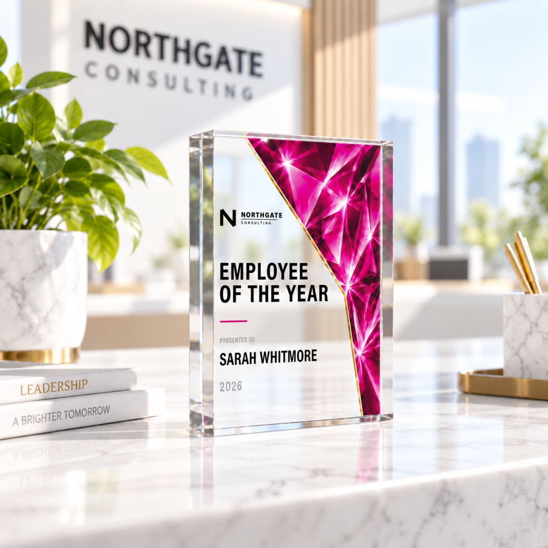 Employee of the Year award with pink glass-effect prism design and company logo on solid clear acrylic