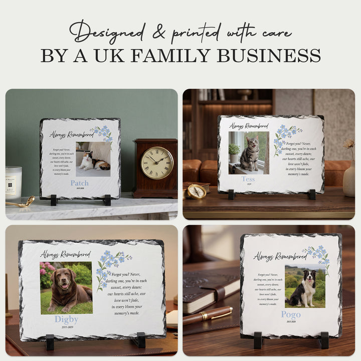 Four forget me not memorial plaque slates in different home settings, designed and printed by a UK family business
