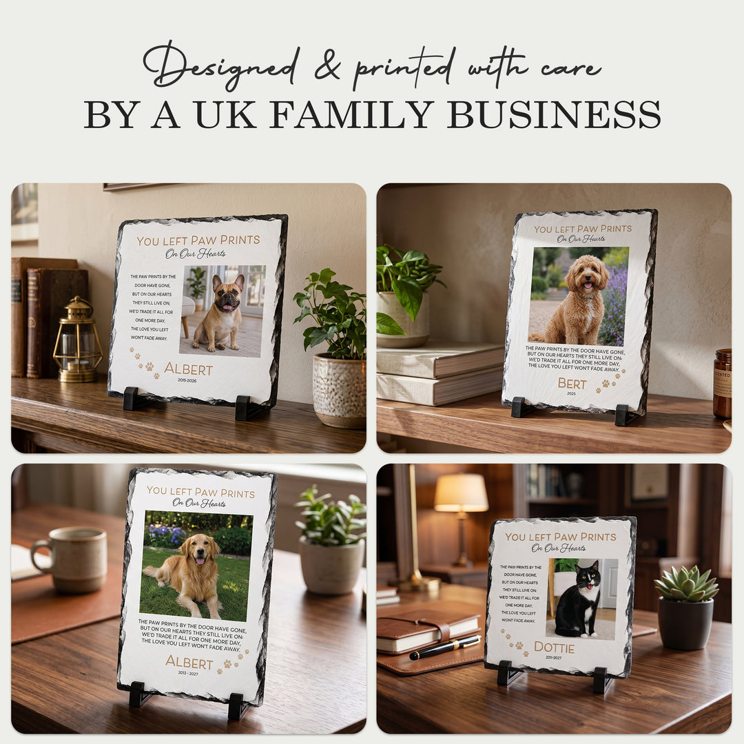 Four paw print memorial stone slates in different home settings, designed and printed by a UK family business