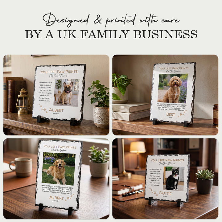 Four paw print memorial stone slates in different home settings, designed and printed by a UK family business
