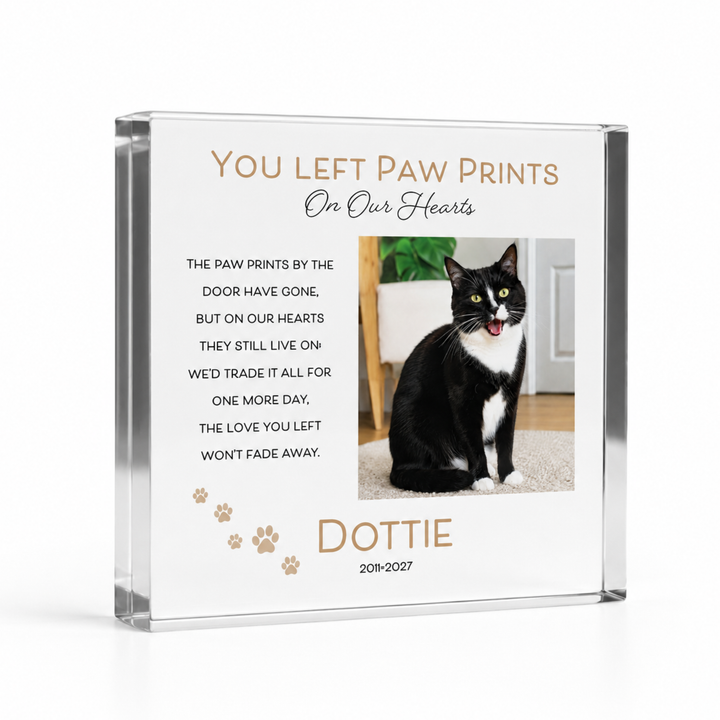 10x10cm square paw prints pet remembrance block with a black and white cat photo and name Dottie