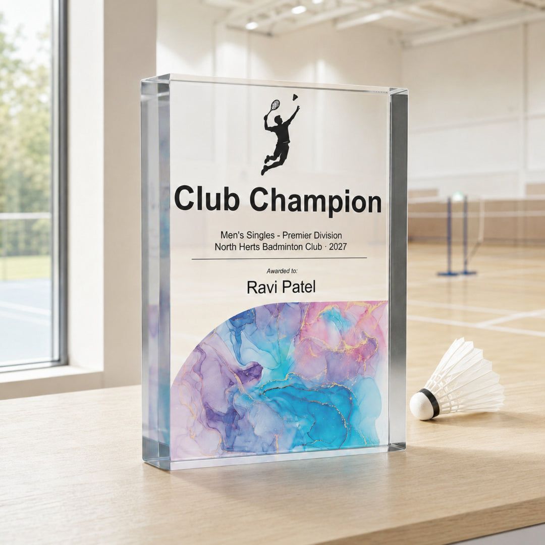 Personalised badminton trophy printed Club Champion with a player icon and blue purple base