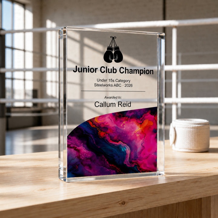 Personalised junior boxing trophy printed Junior Club Champion with a boxing glove icon