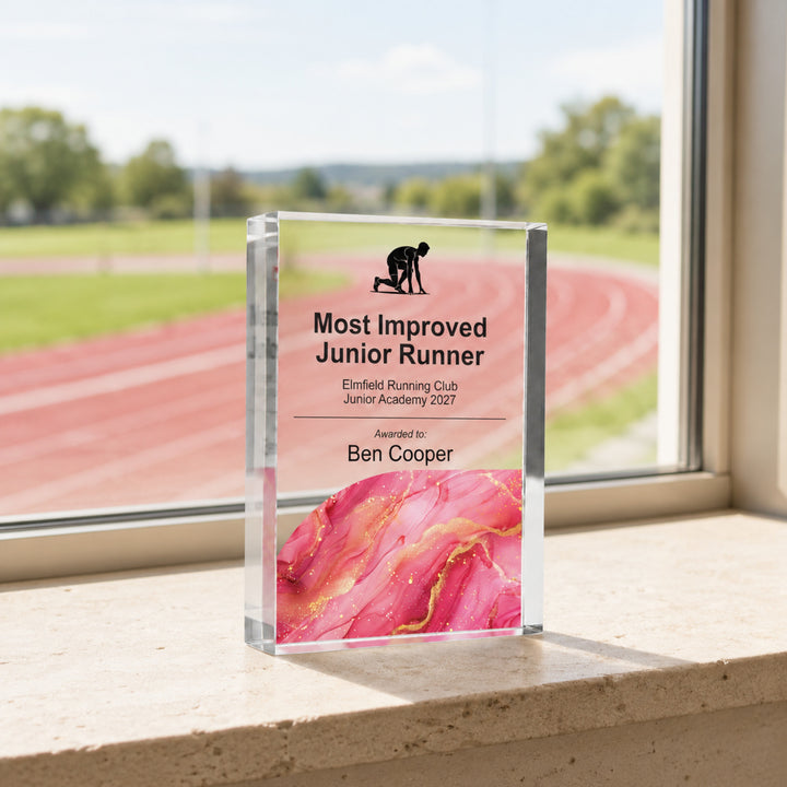 Personalised junior running trophy printed Most Improved Junior Runner for a club junior academy