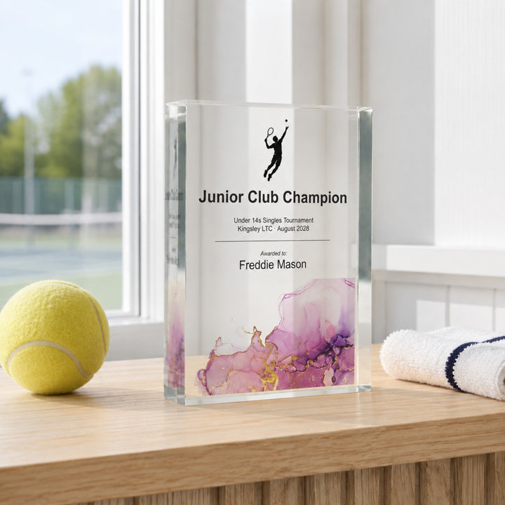 Personalised junior tennis trophy printed Junior Club Champion with a pink base