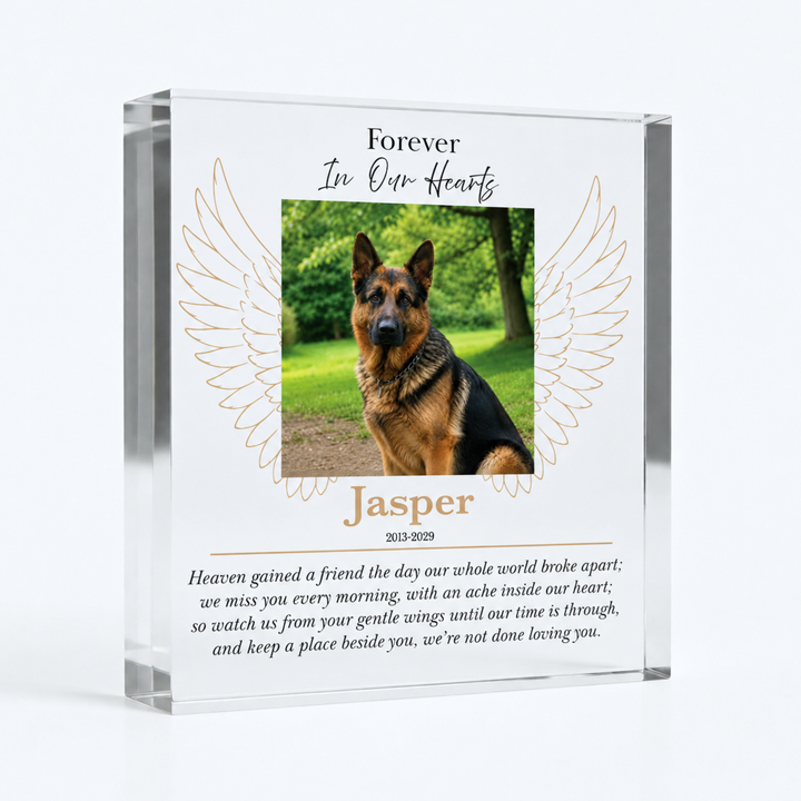 10x10cm square angel wings pet memorial block with a German Shepherd photo and name Jasper