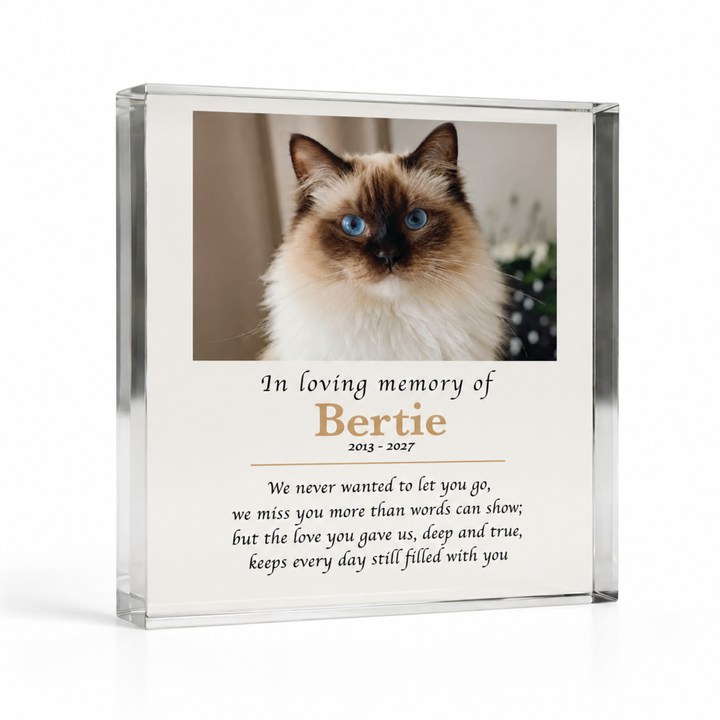 10x10cm square in loving memory pet memorial block with a Birman cat photo and name Bertie